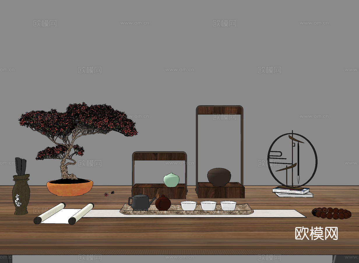 新中式茶具饰品摆件su模型下载