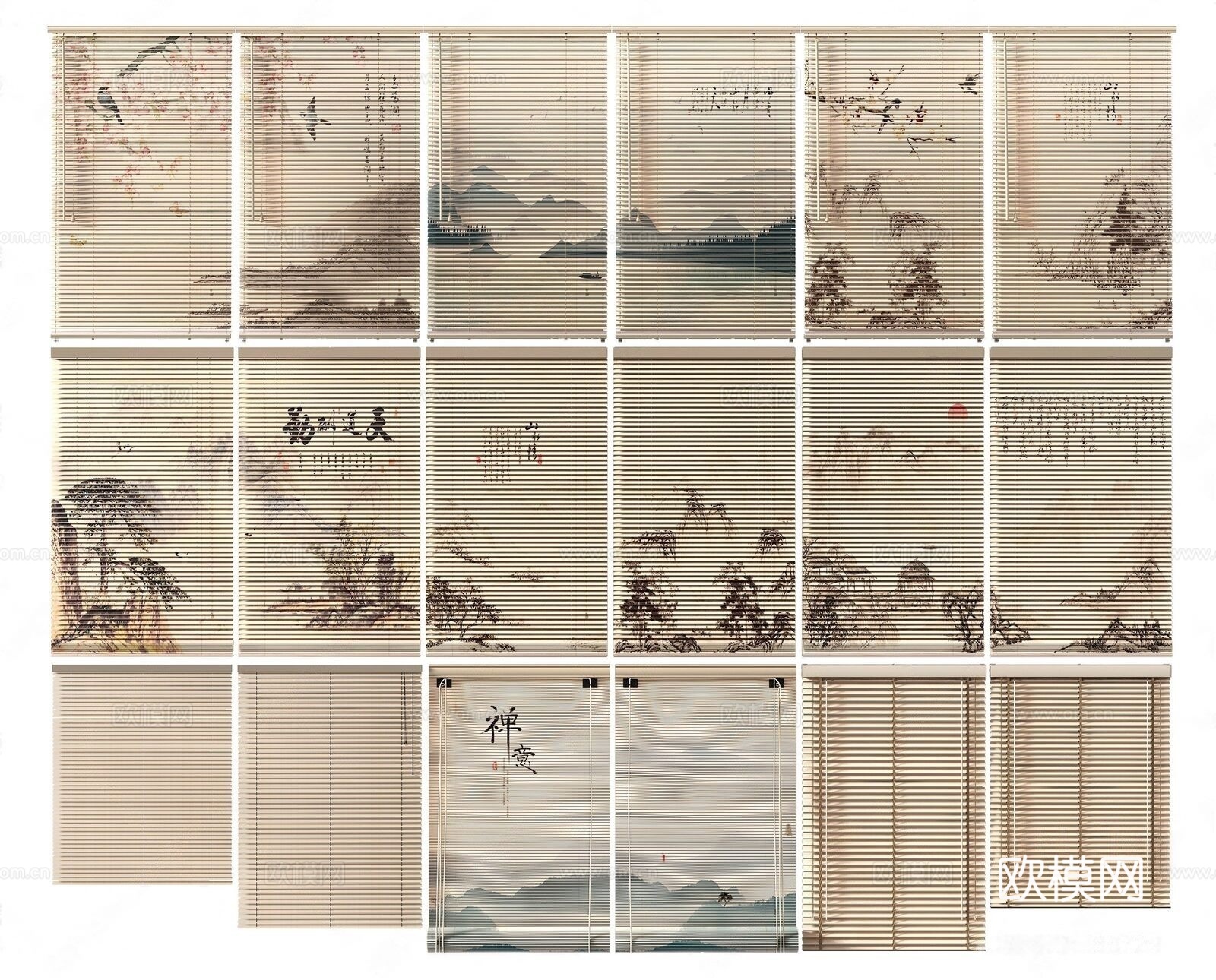 新中式竹帘卷帘窗帘su模型下载
