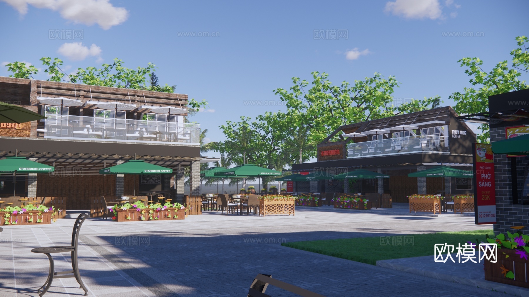 新中式商业街建筑外观su模型下载