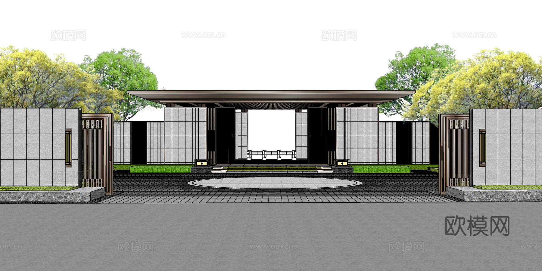 新中式小区入口大门su模型下载