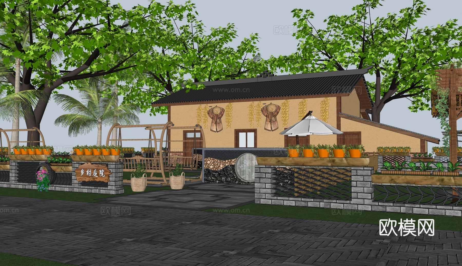 新中式乡村民宿建筑外观su模型下载