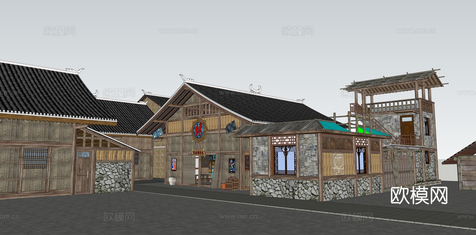 新中式乡村民房民宿建筑外观su模型下载