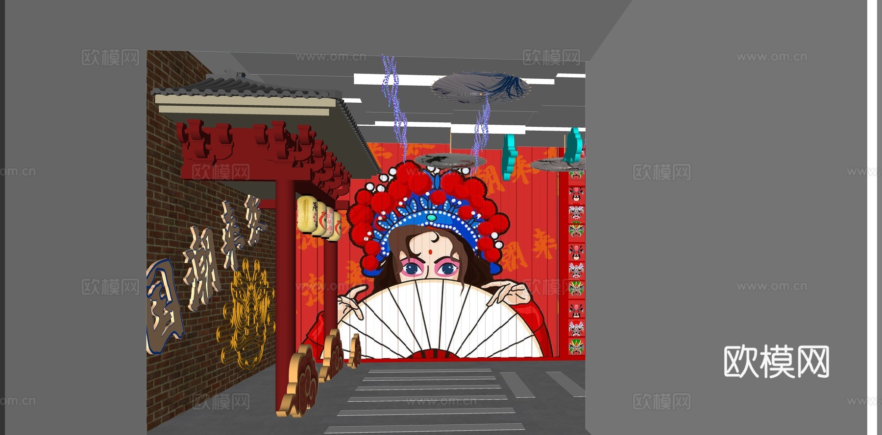 新中式国风文创网红景观墙su模型下载