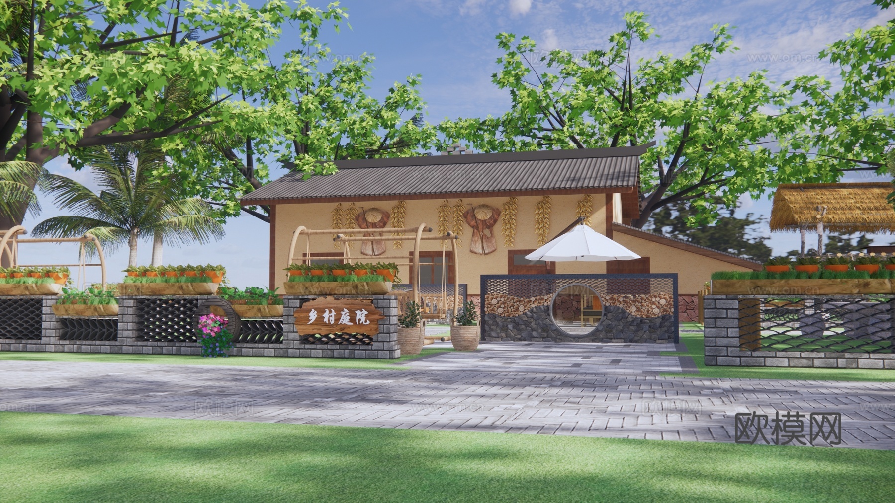 新中式乡村民宿建筑外观su模型下载