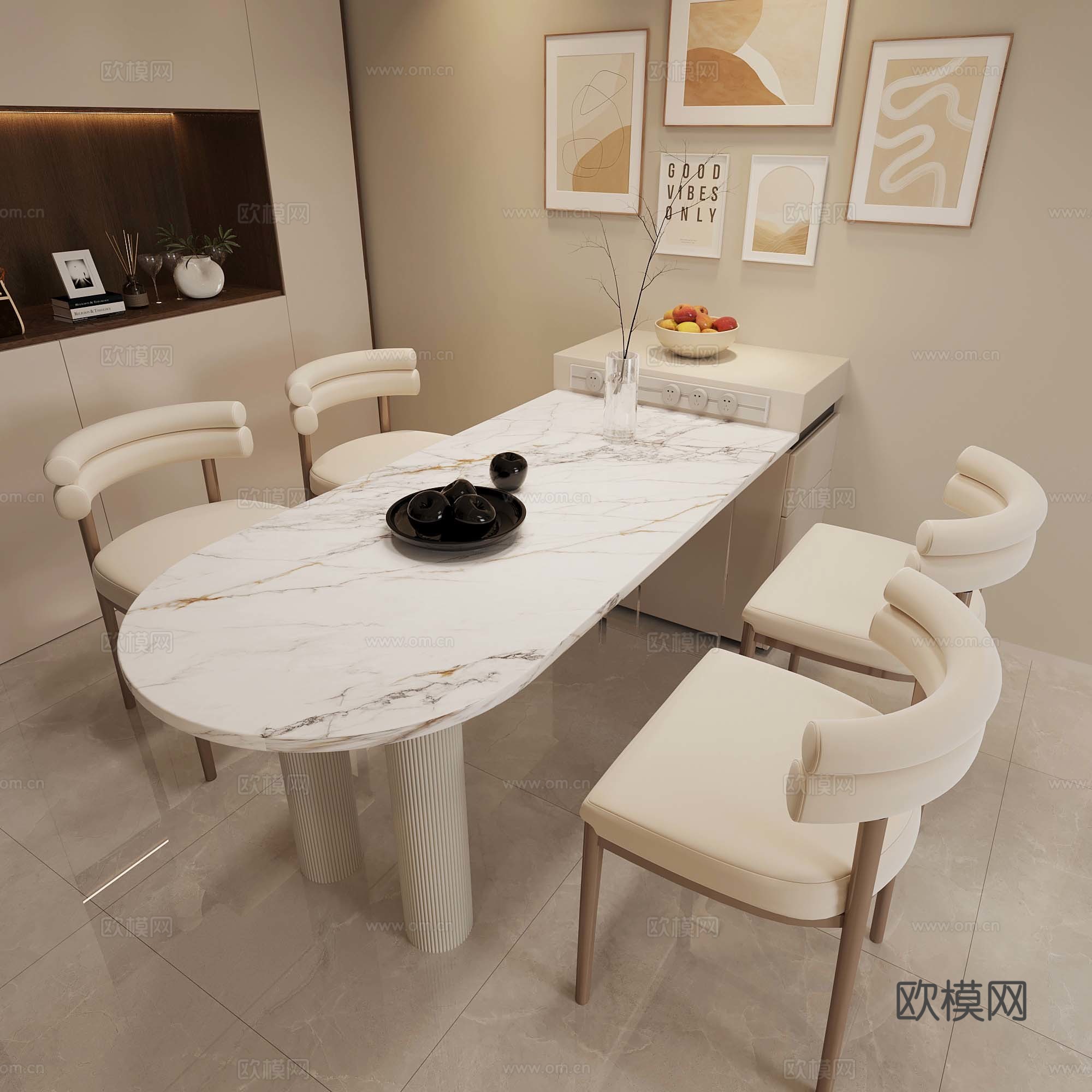 05奶油风岛台 餐边柜3d模型