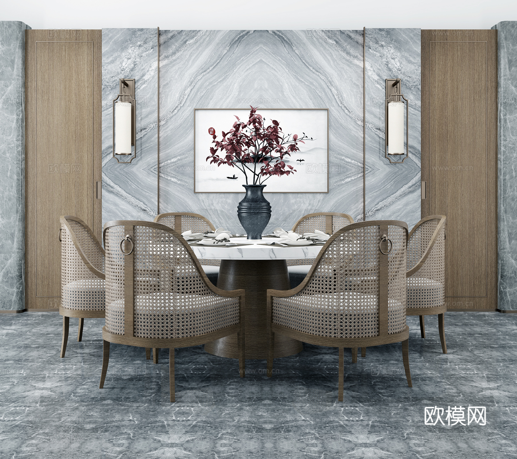 新中式圆形餐桌椅su模型下载