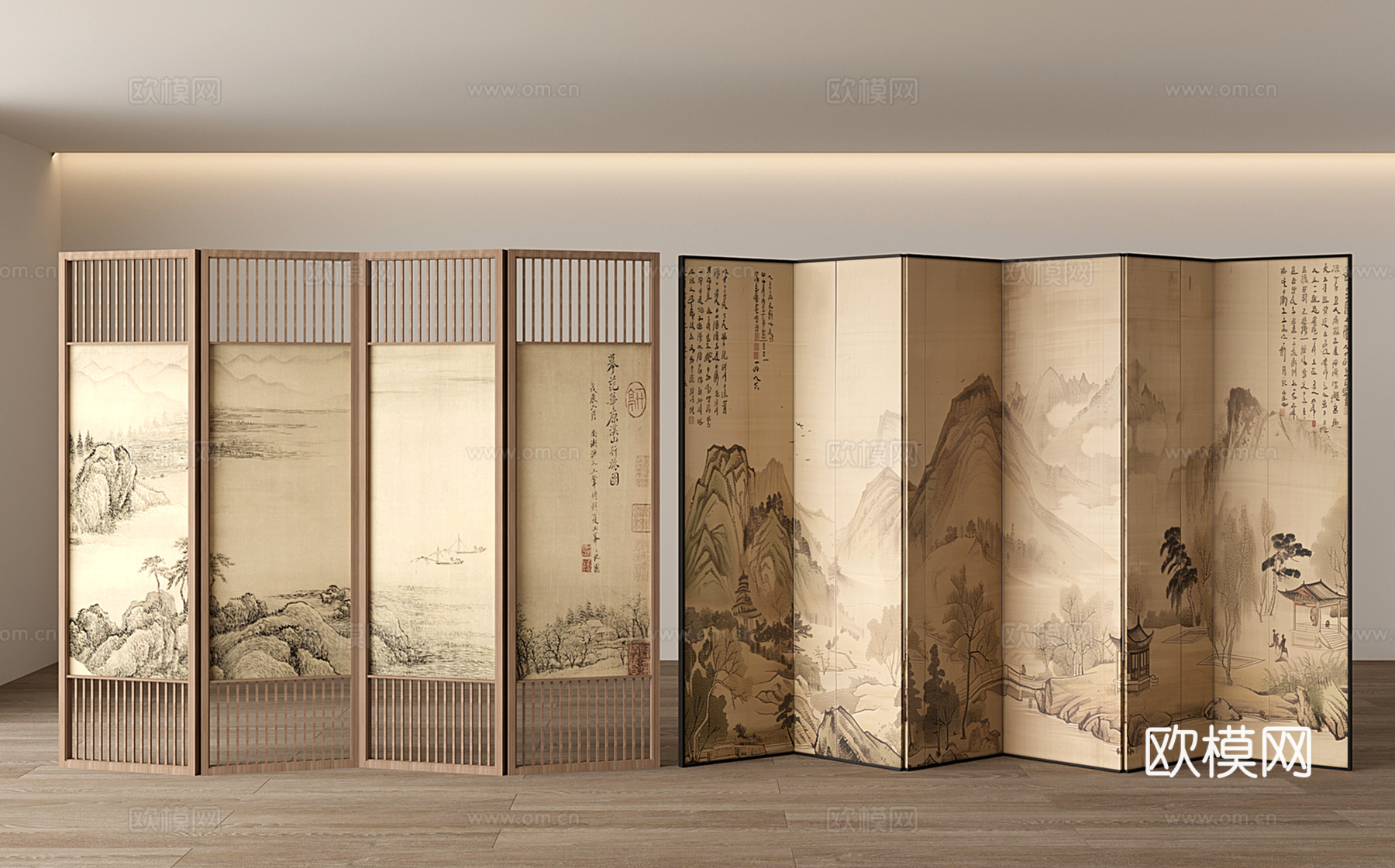 新中式屏风隔断 风景画屏风 木质屏风3d模型