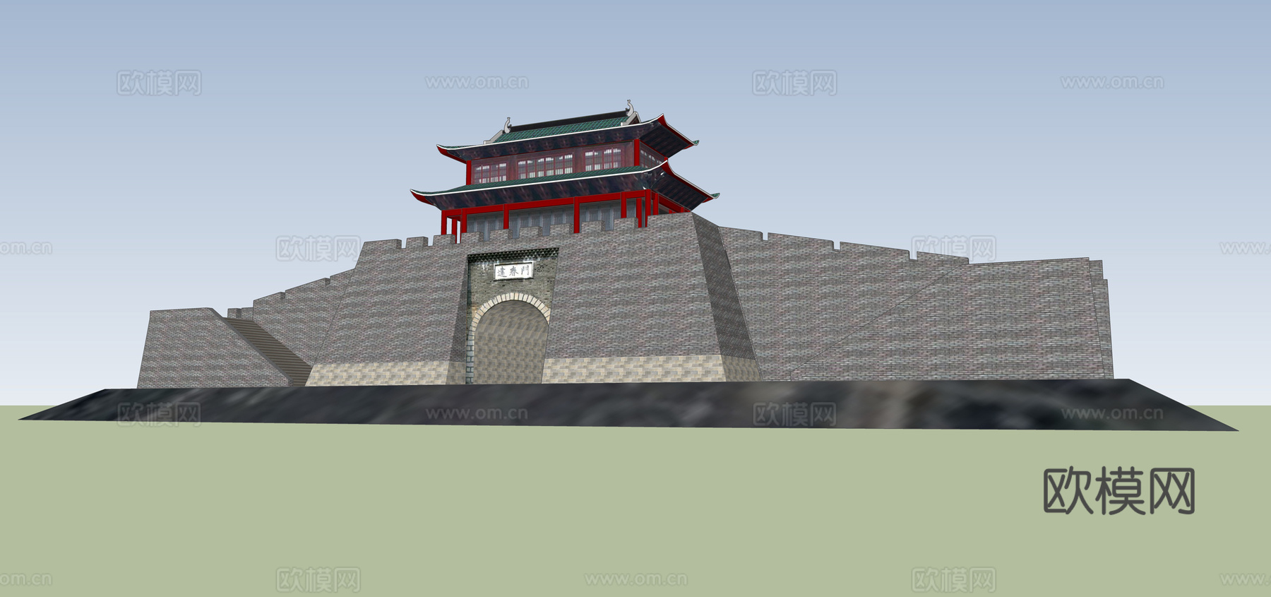 中式古建城墙门楼su模型下载
