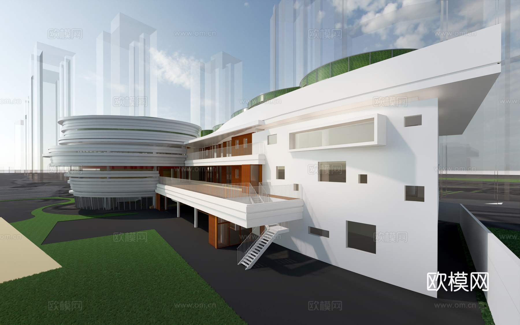 现代学校教学楼建筑外观su模型下载