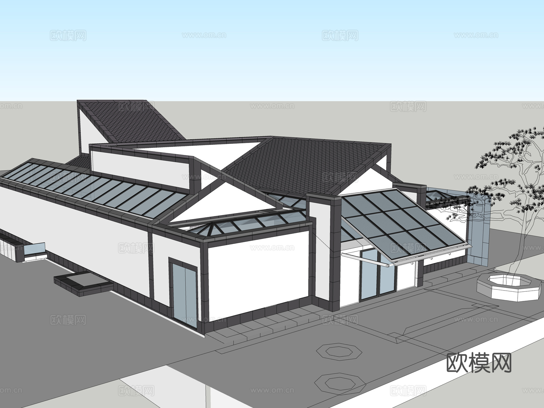 新中式博物馆建筑外观su模型下载