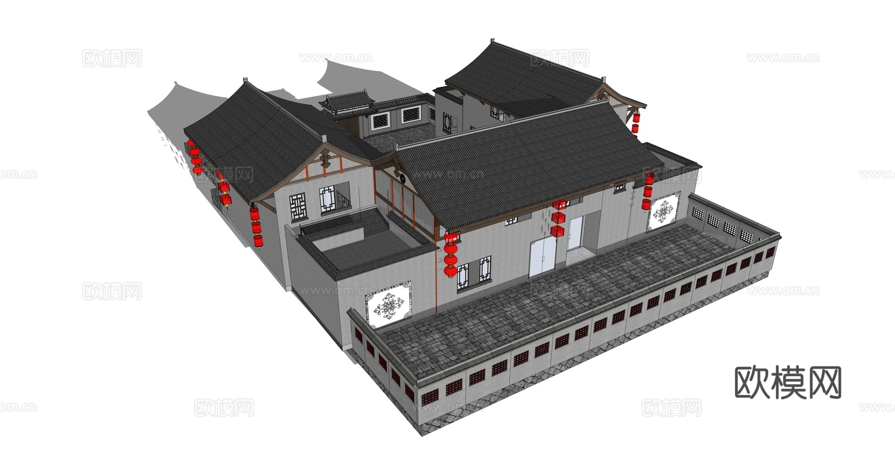新中式古建民宿建筑外观su模型下载