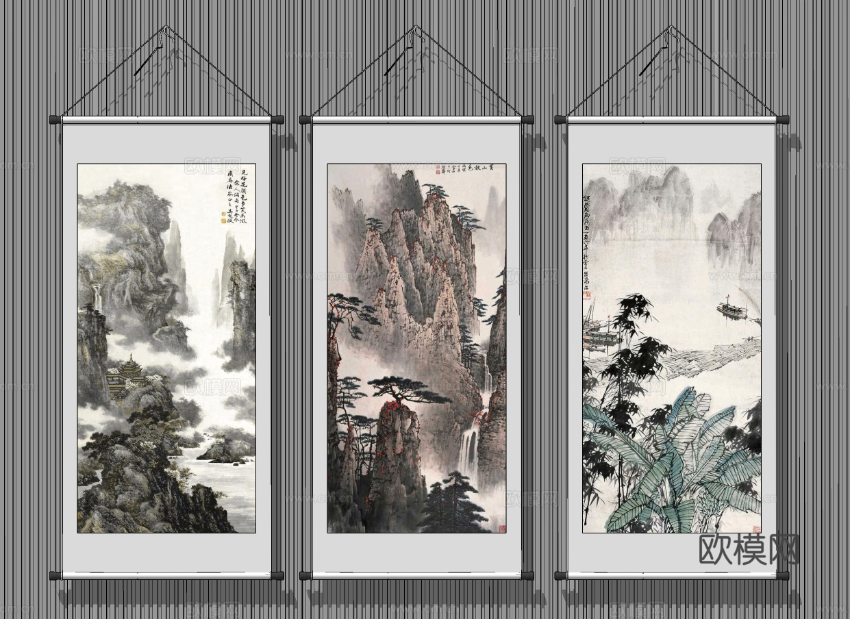 新中式水墨山水挂画su模型下载