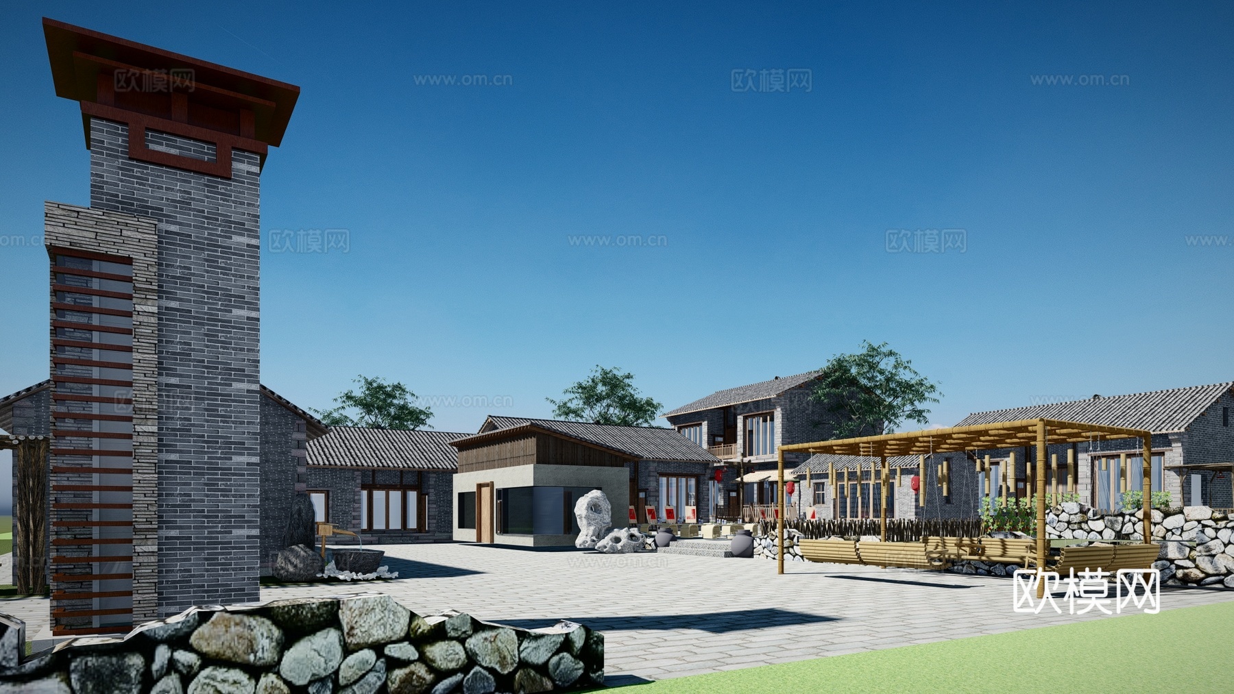 新中式乡村民宿建筑外观su模型下载