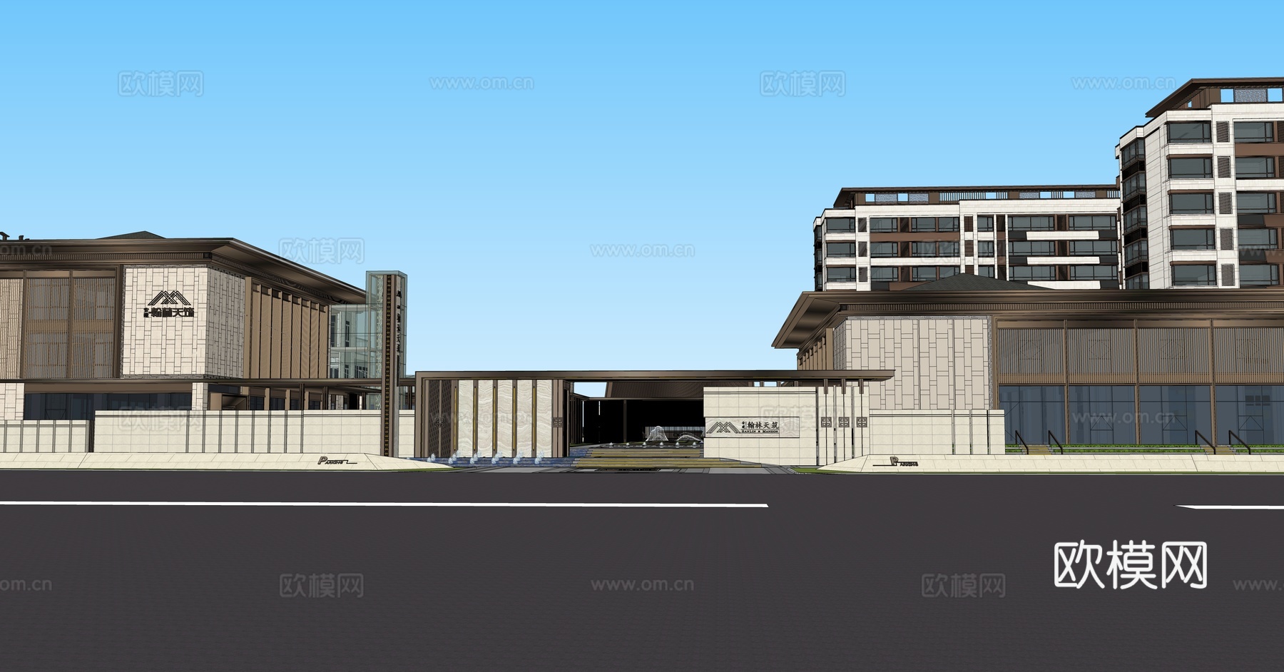 新中式售楼处建筑外观su模型下载