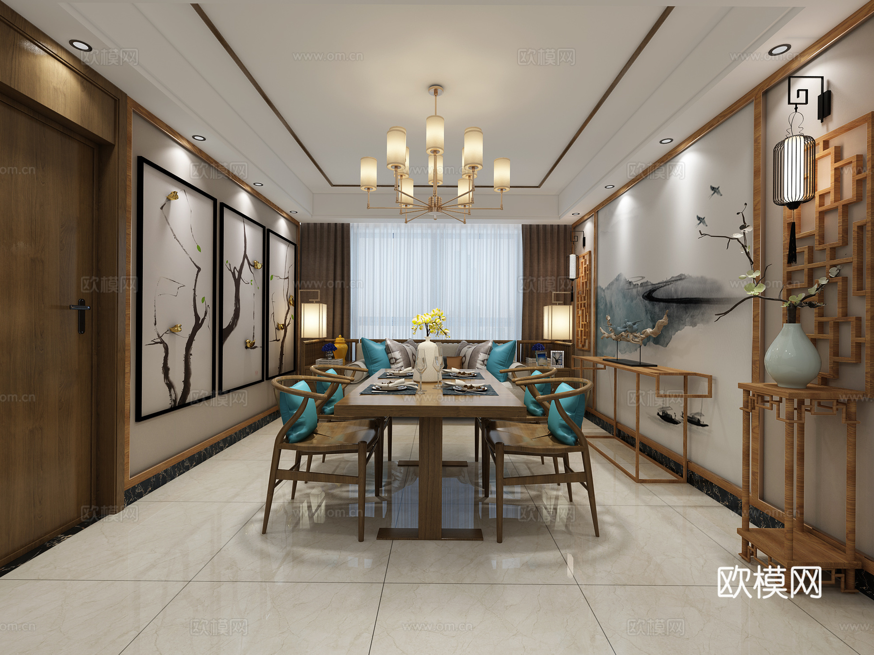 新中式中式餐厅沙发吊灯3d模型
