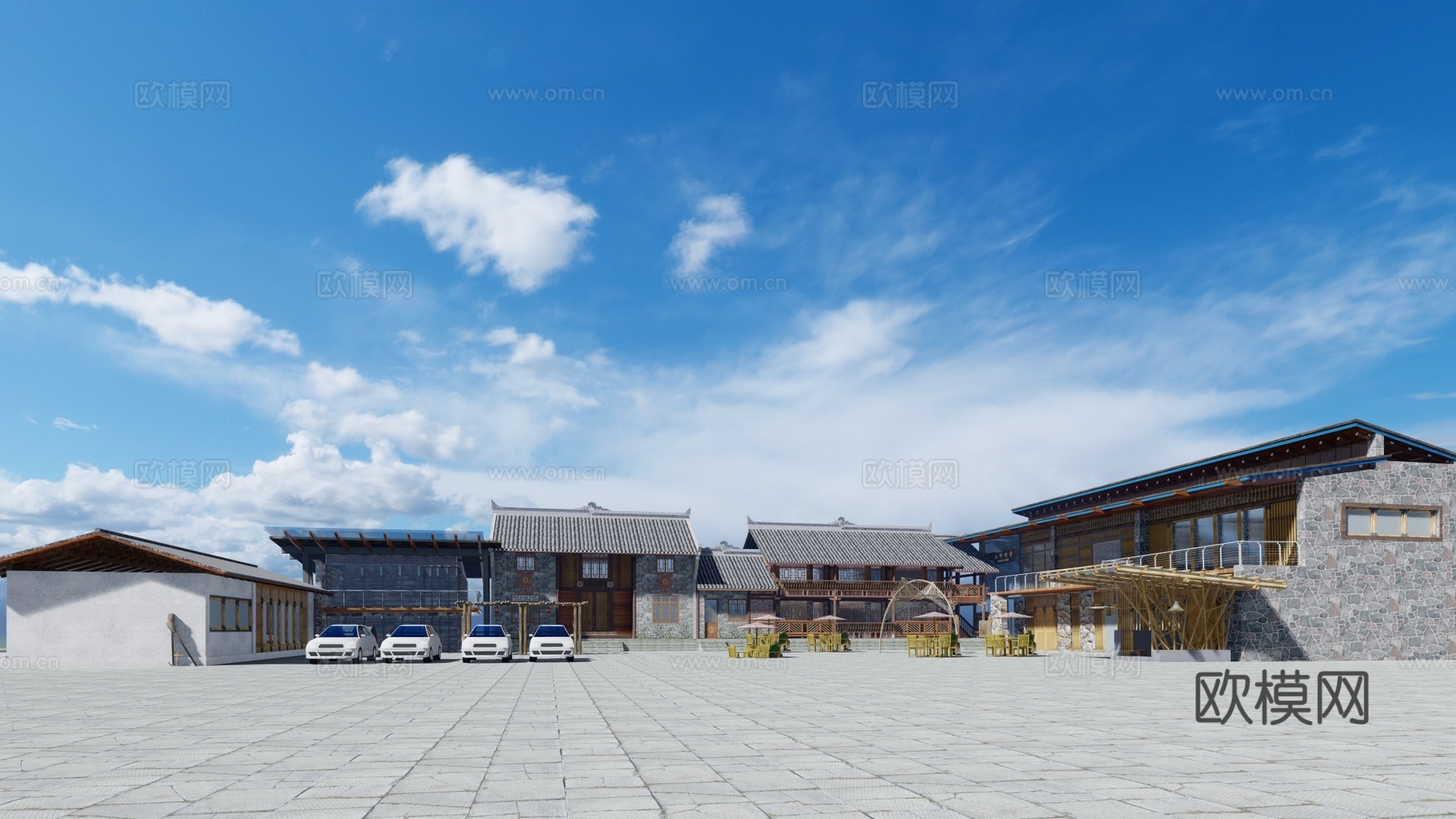 新中式农家乐民宿建筑外观su模型下载
