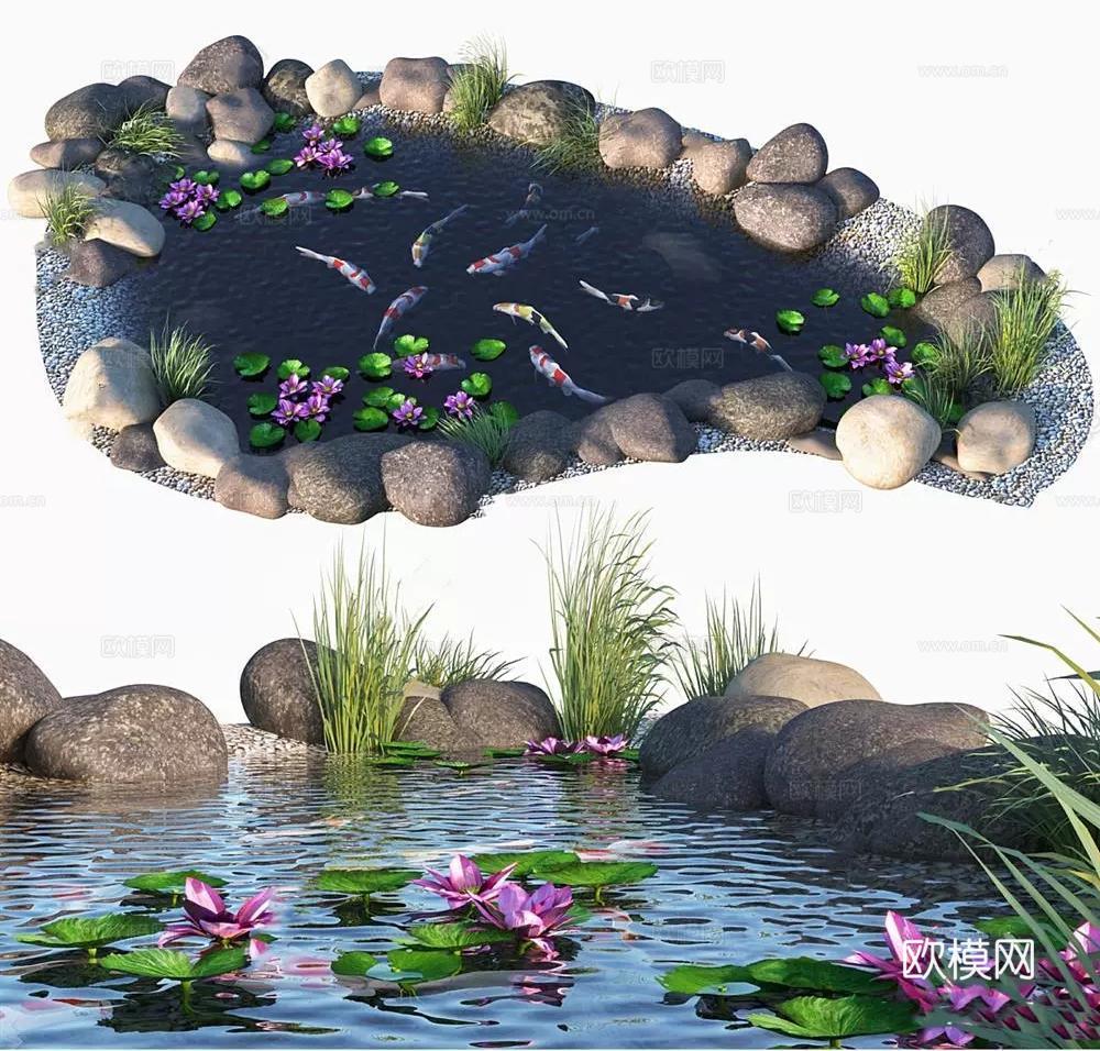 现代新中式滨水景观 现代水池鱼su模型