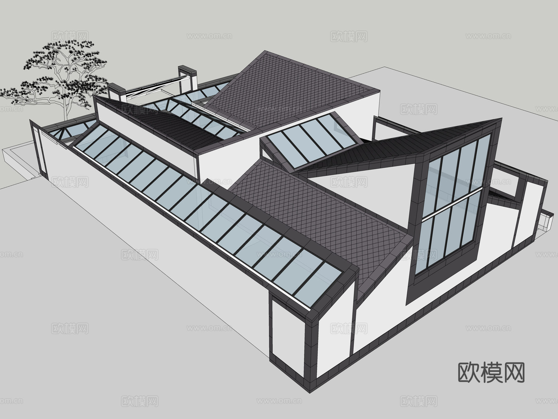 新中式博物馆建筑外观su模型下载
