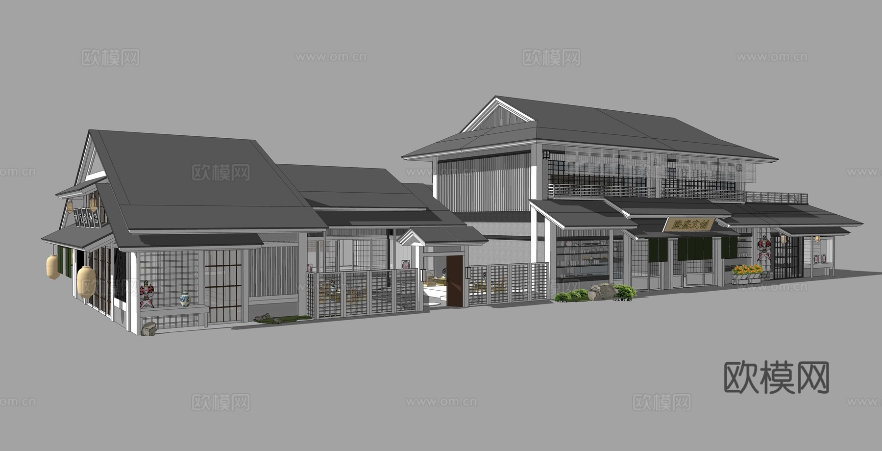 新中式商铺建筑外观su模型下载