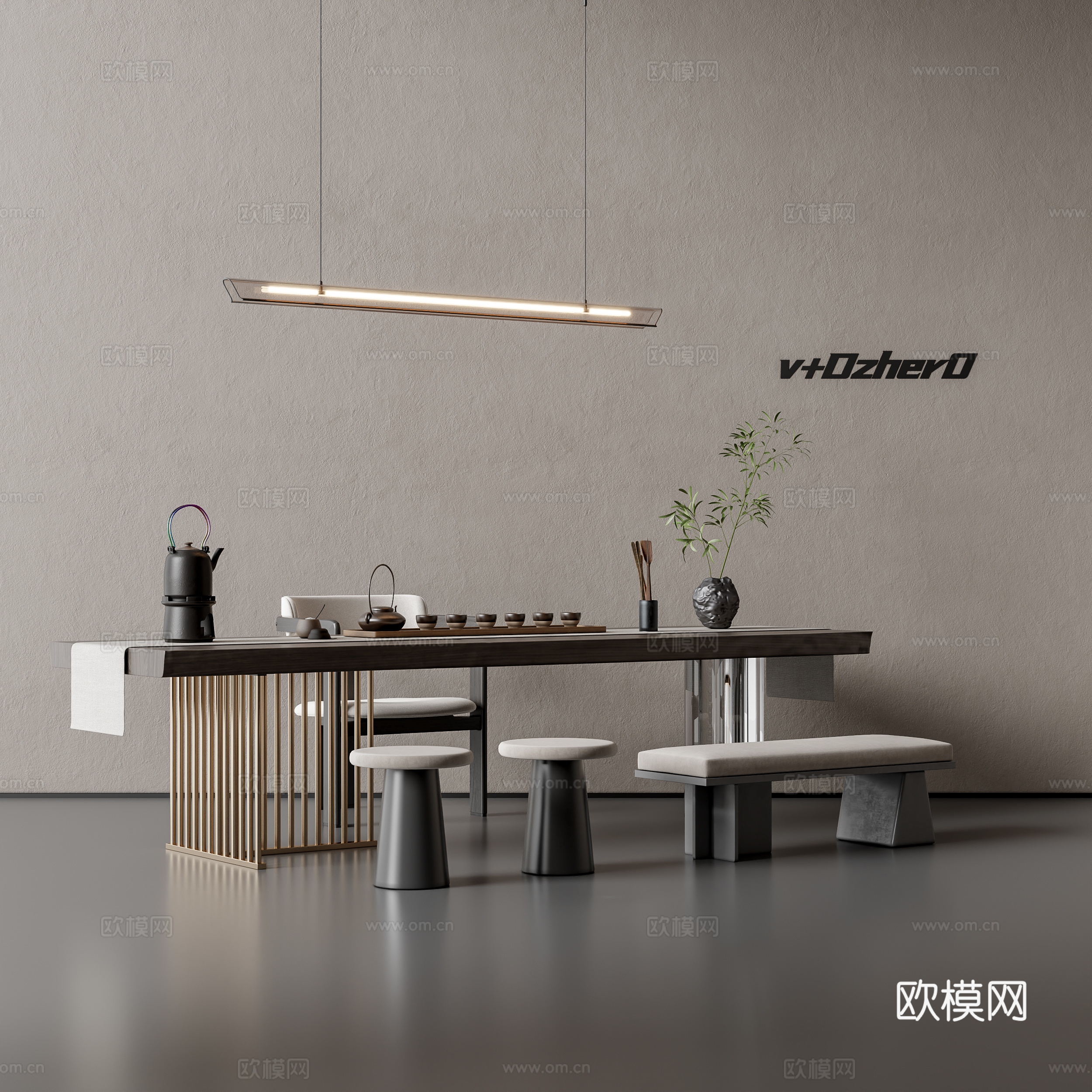 新中式茶桌椅su模型