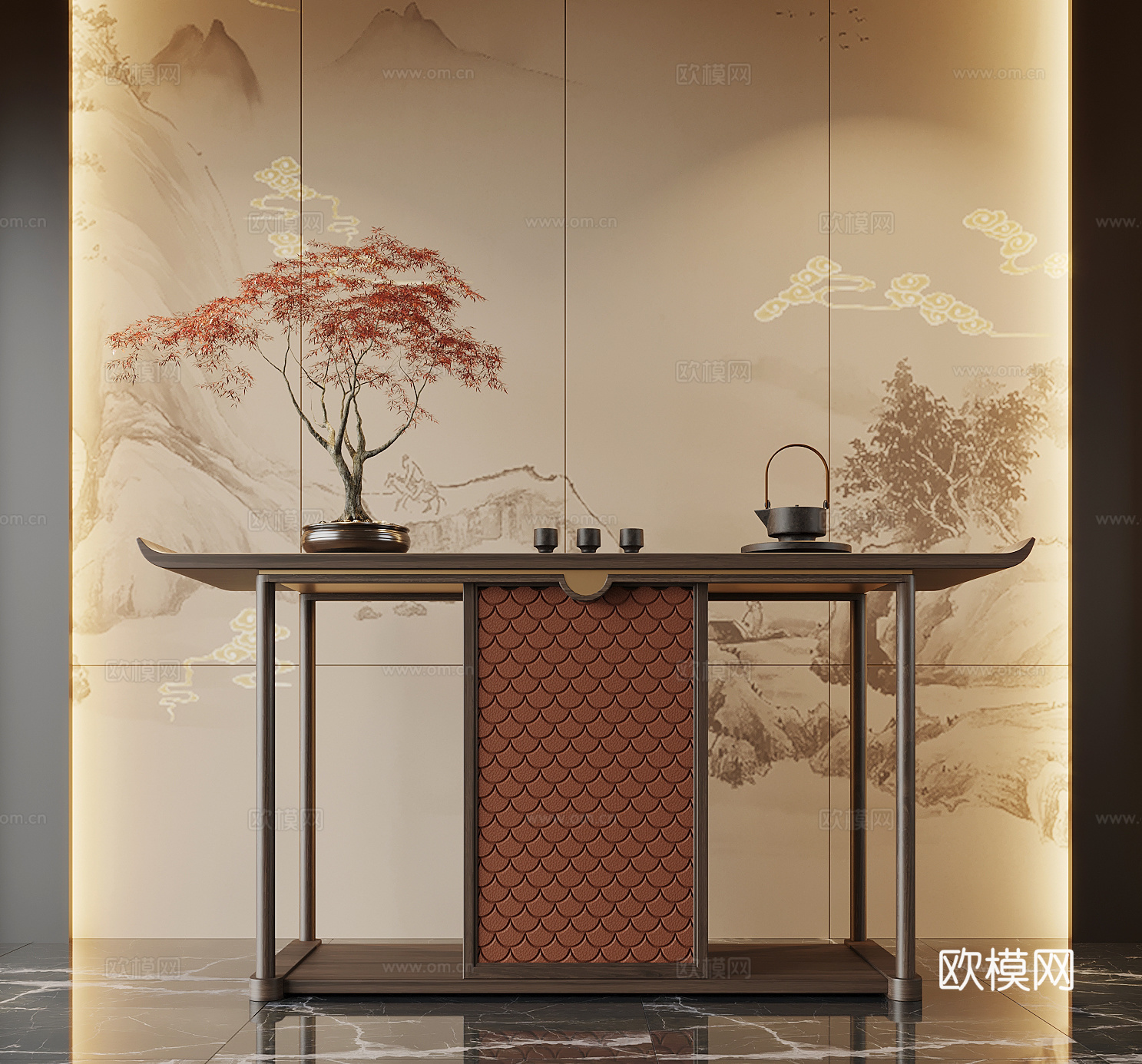 013玄关 新中式玄关 端景柜 玄关柜 盆栽盆景 摆件su模型