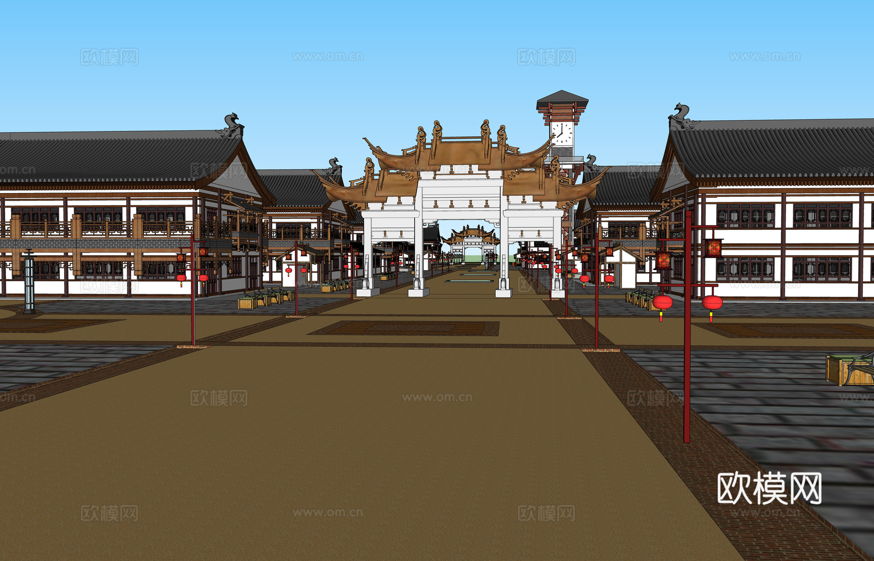 新中式唐风商业街su模型下载