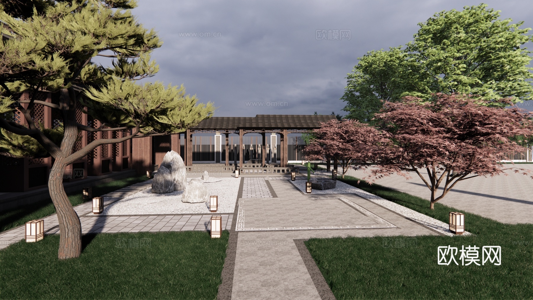 新中式古建庭院景观su模型下载
