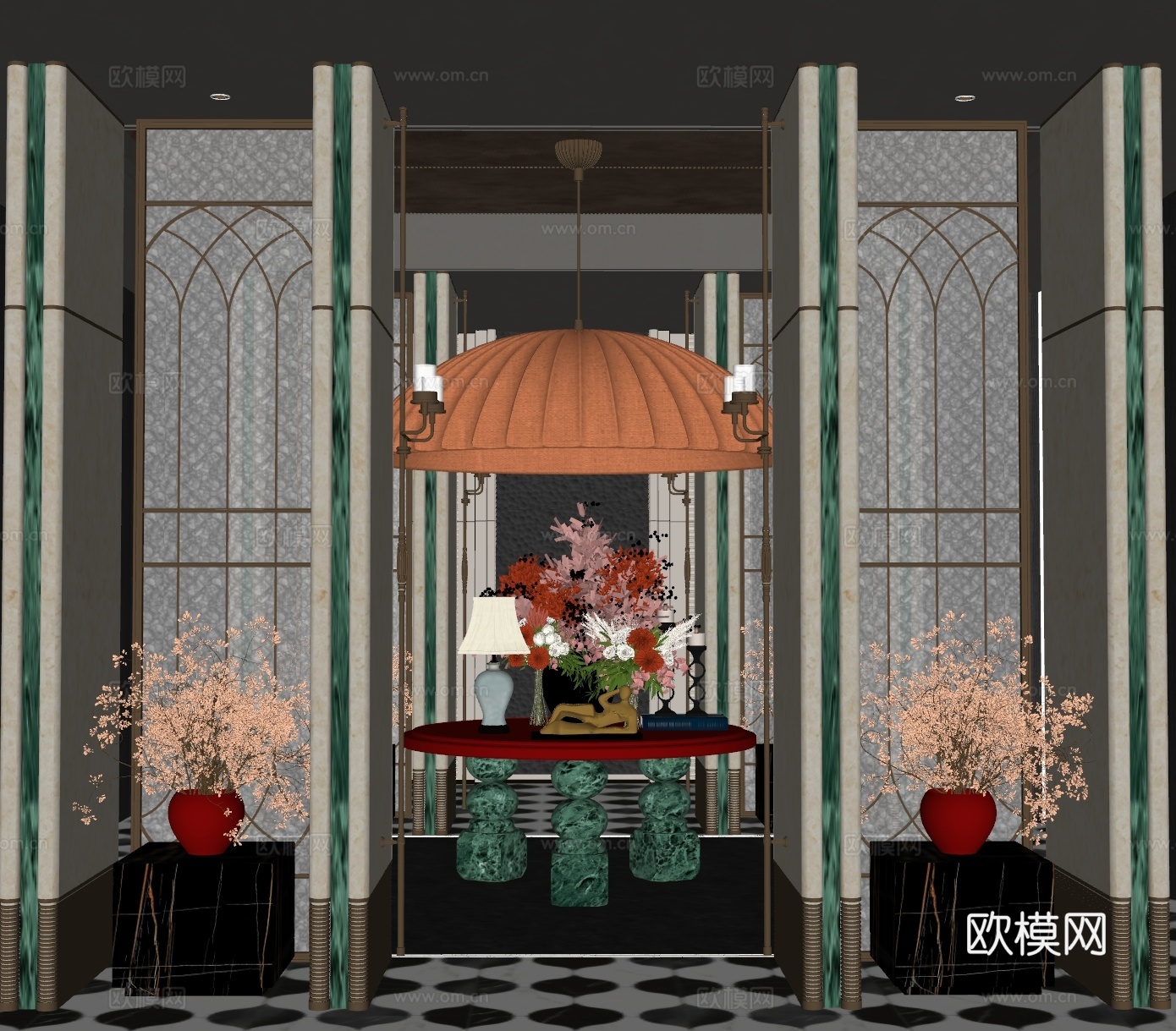 现代大厅 酒店大厅 会所大厅 花艺摆台组合 屏风隔断su模型