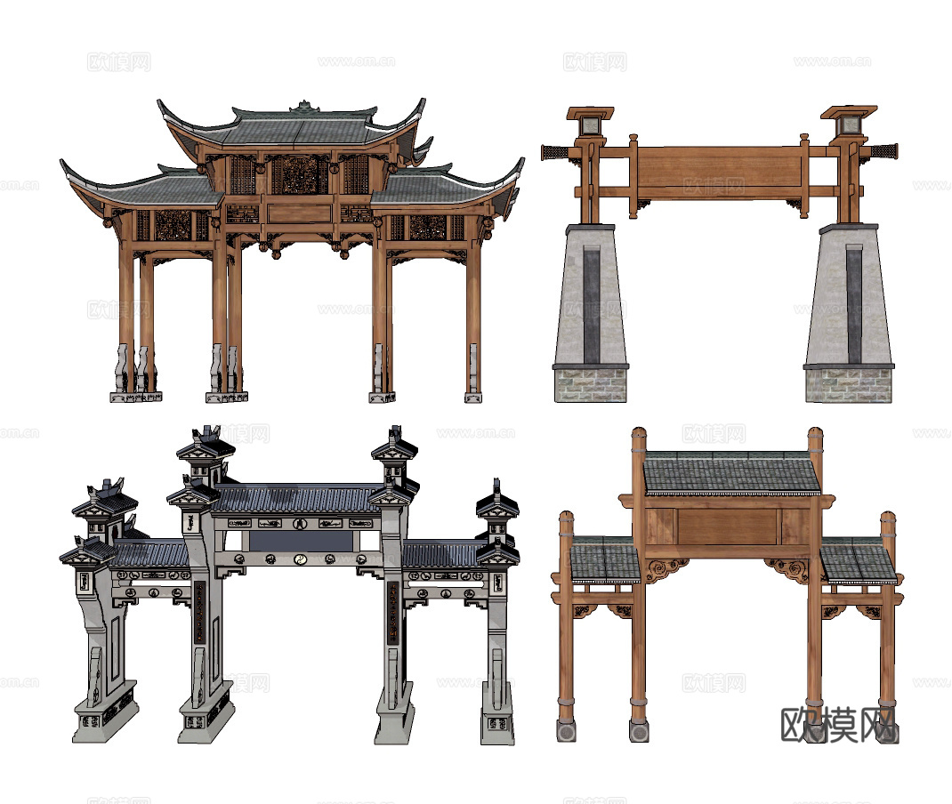 中式古建门楼牌坊建筑构件su模型下载