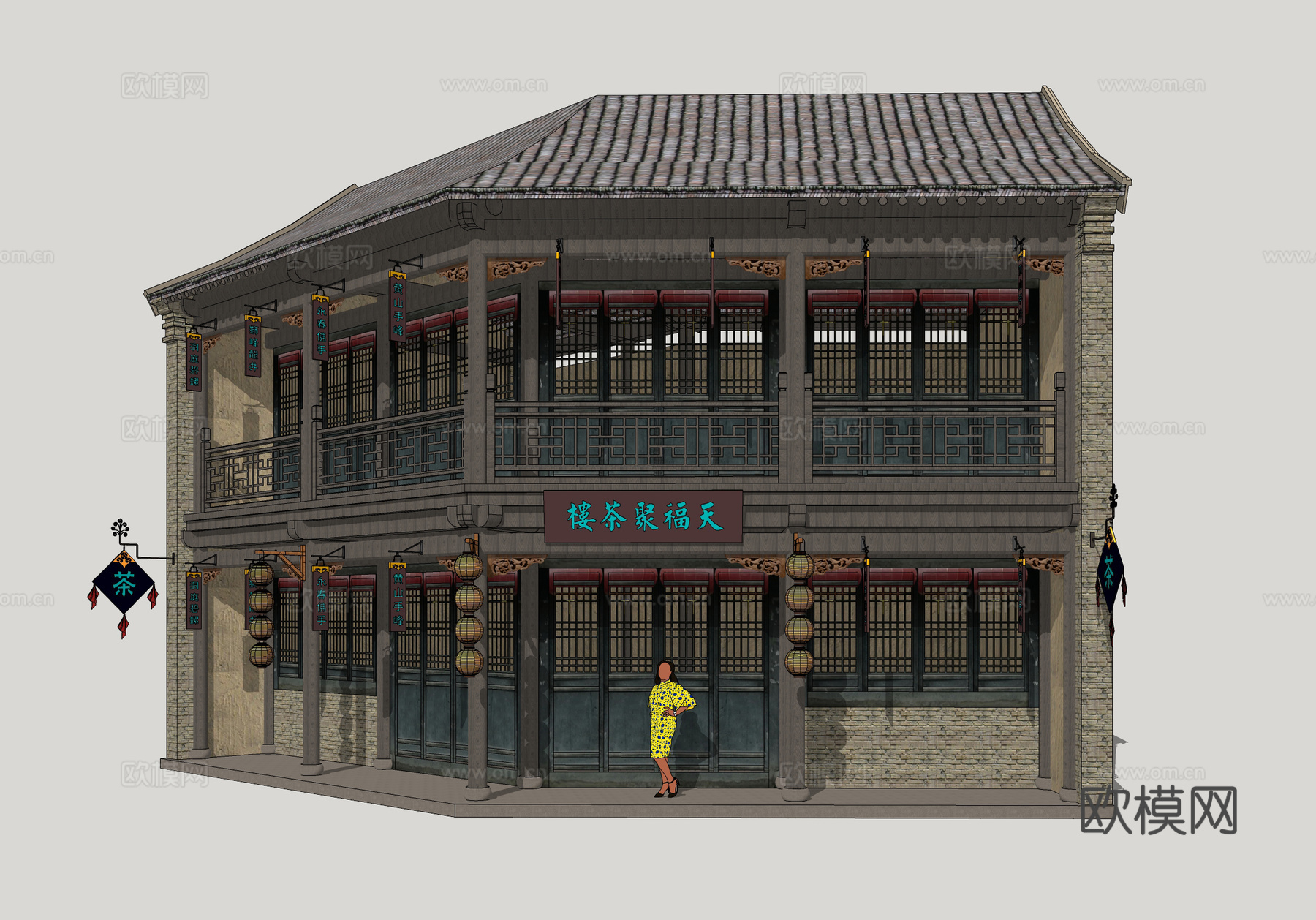 中式茶楼建筑外观su模型下载