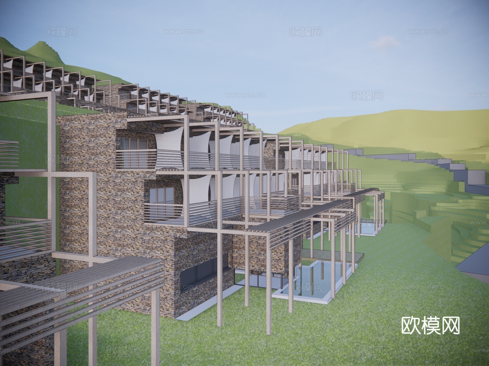 自然风民宿建筑外观su模型下载