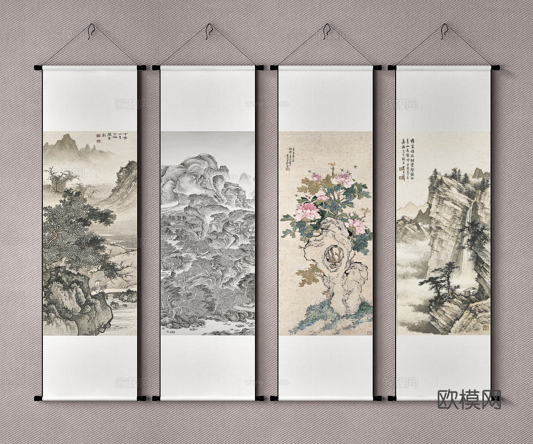 新中式卷轴水墨装饰画su模型下载