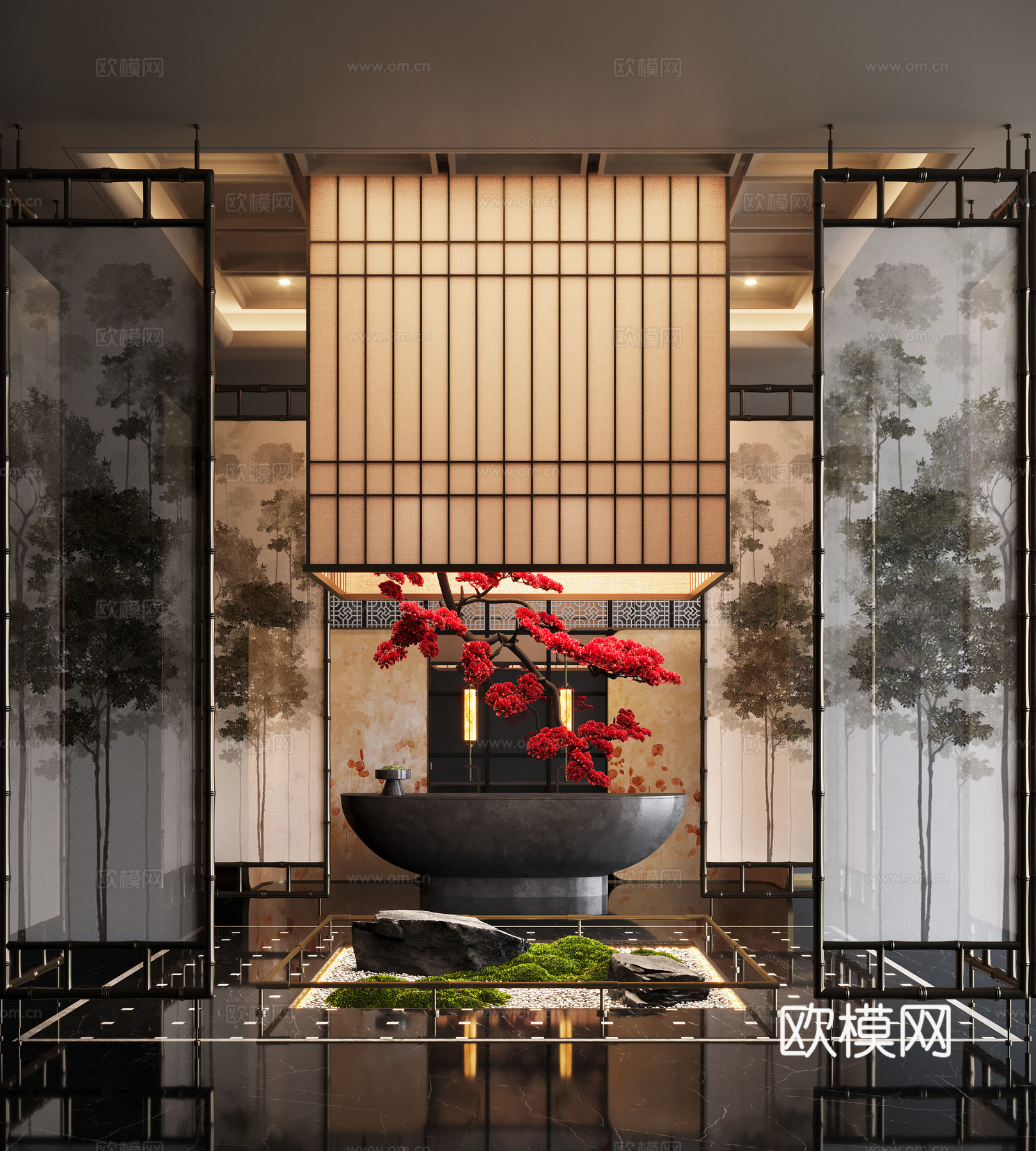 新中式大堂 酒店大堂 前台接待  植物造景 植物装置 屏风隔3d模型