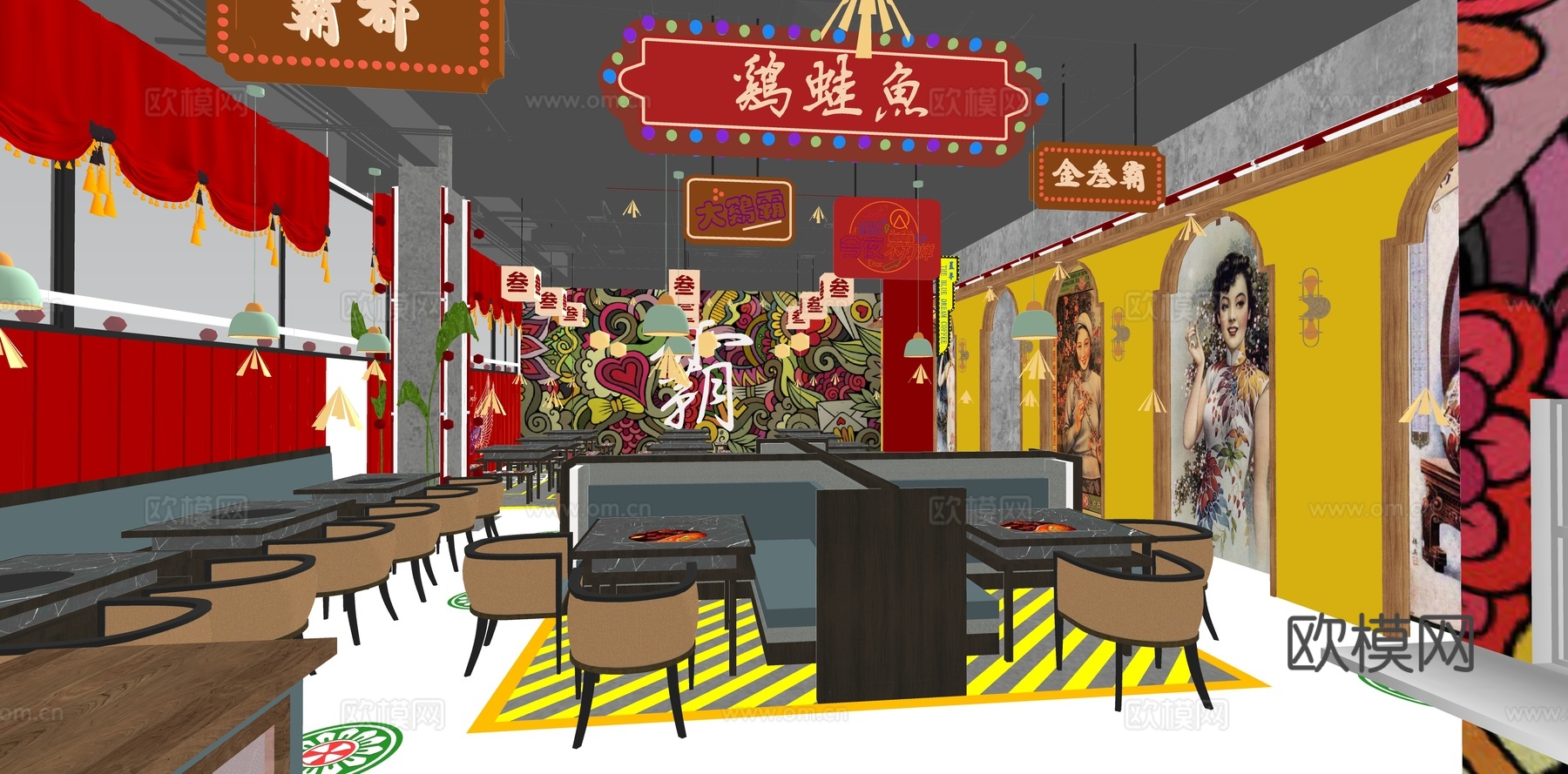新中式火锅店su模型下载