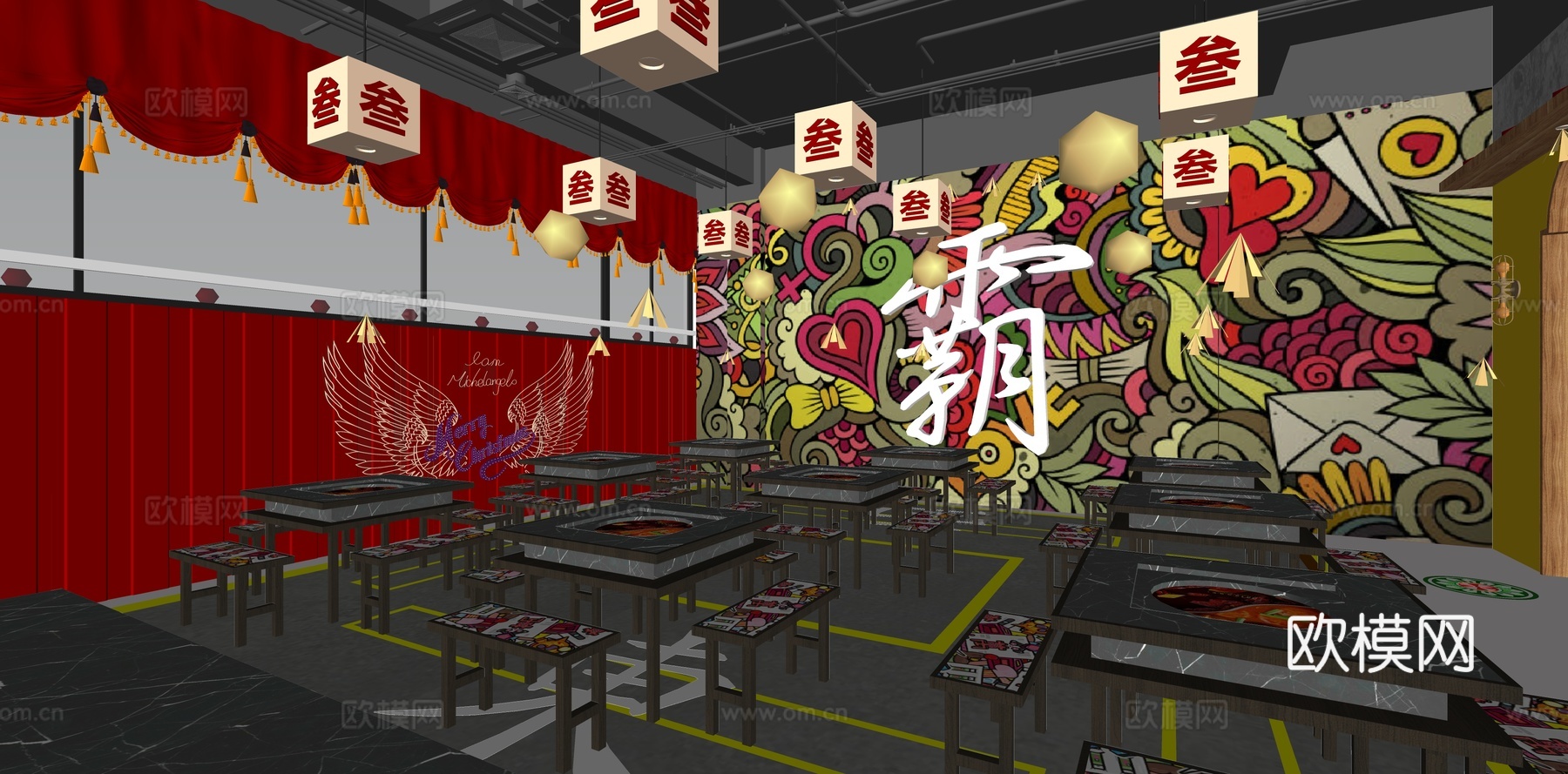 新中式火锅店su模型下载
