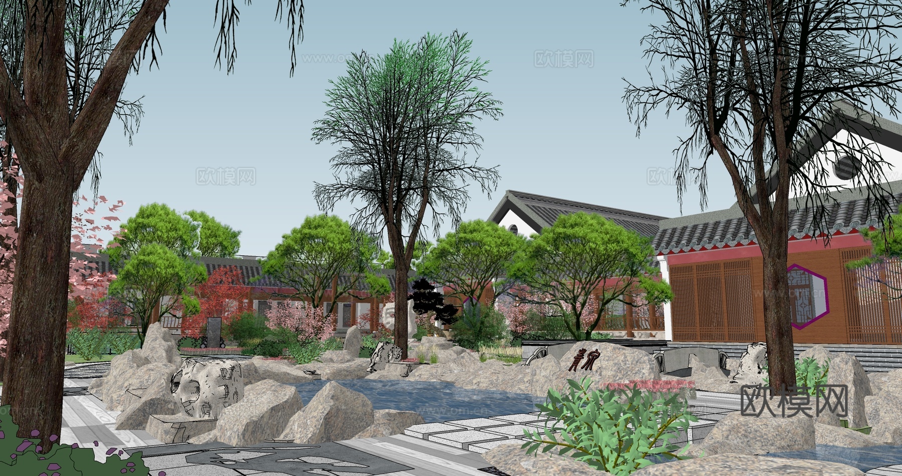 中式古建庭院花园su模型下载