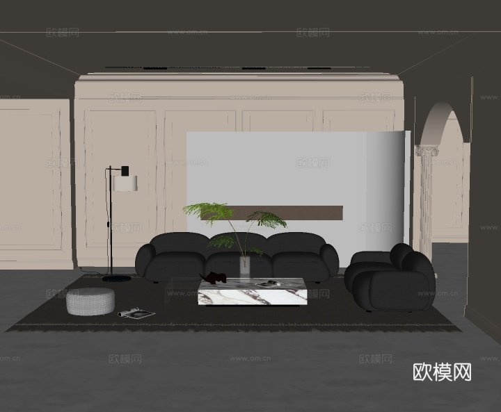 简欧客厅su模型下载