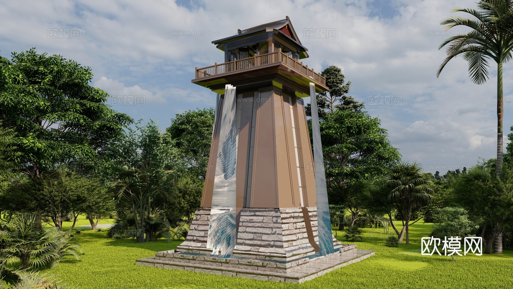 中式观景台塔楼su模型下载