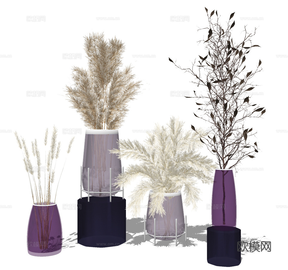 现代干花芦苇花瓶插花su模型下载