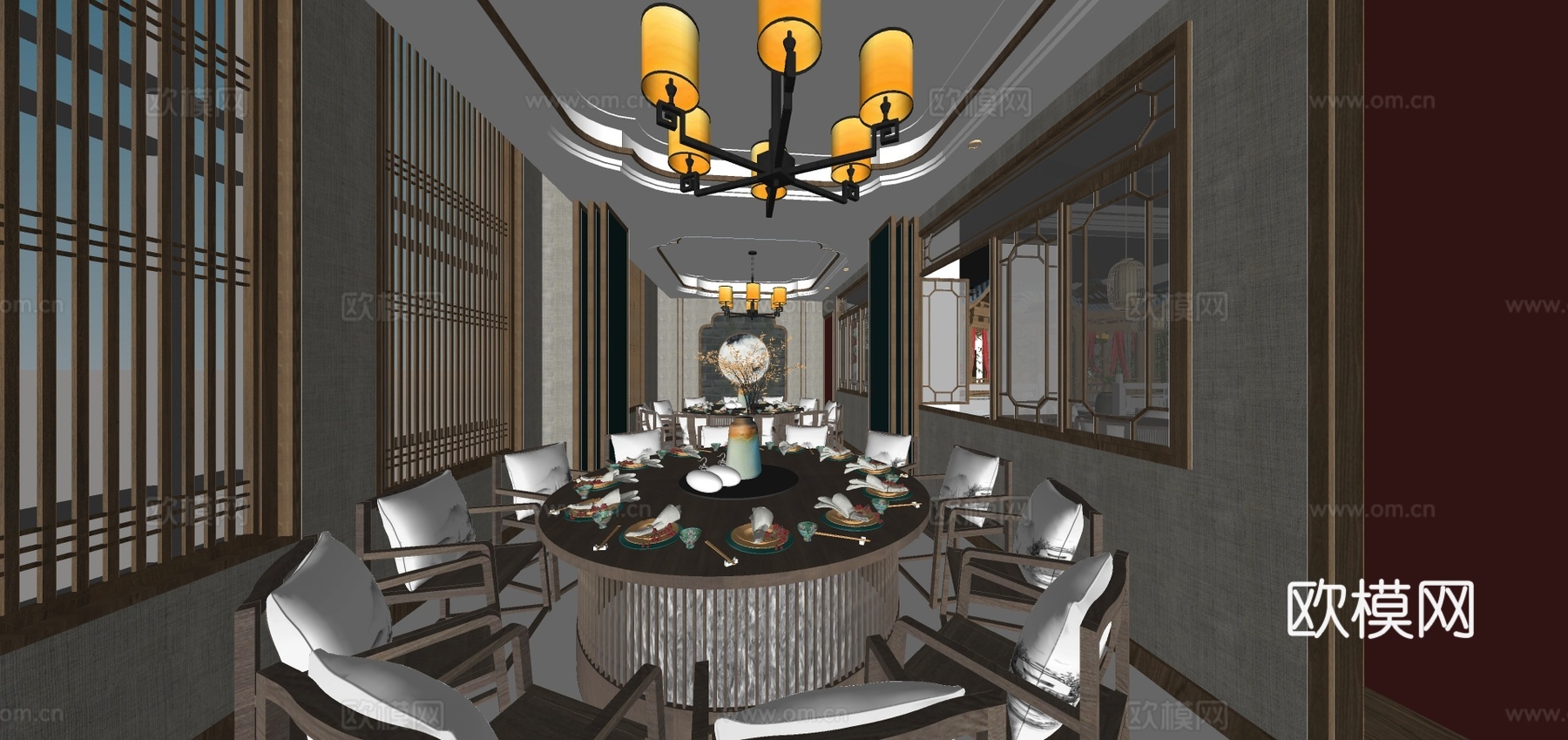 新中式中餐厅su模型下载