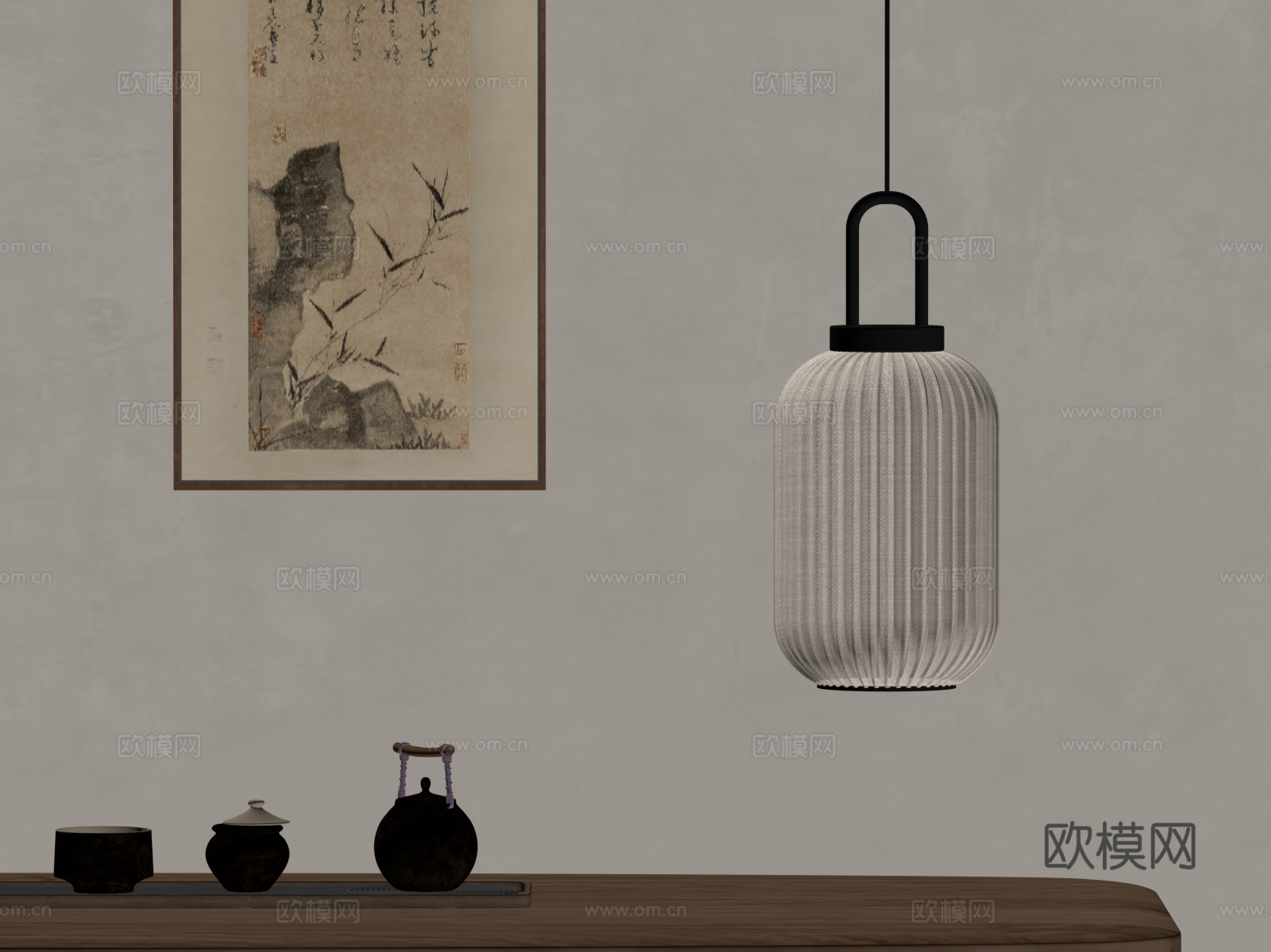 05新中式吊灯 装饰画 茶具su模型