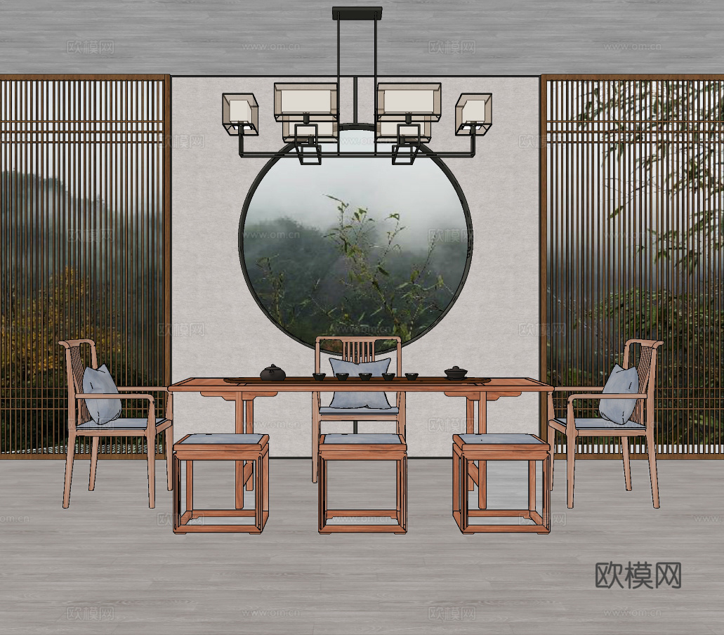 新中式实木茶桌椅su模型下载