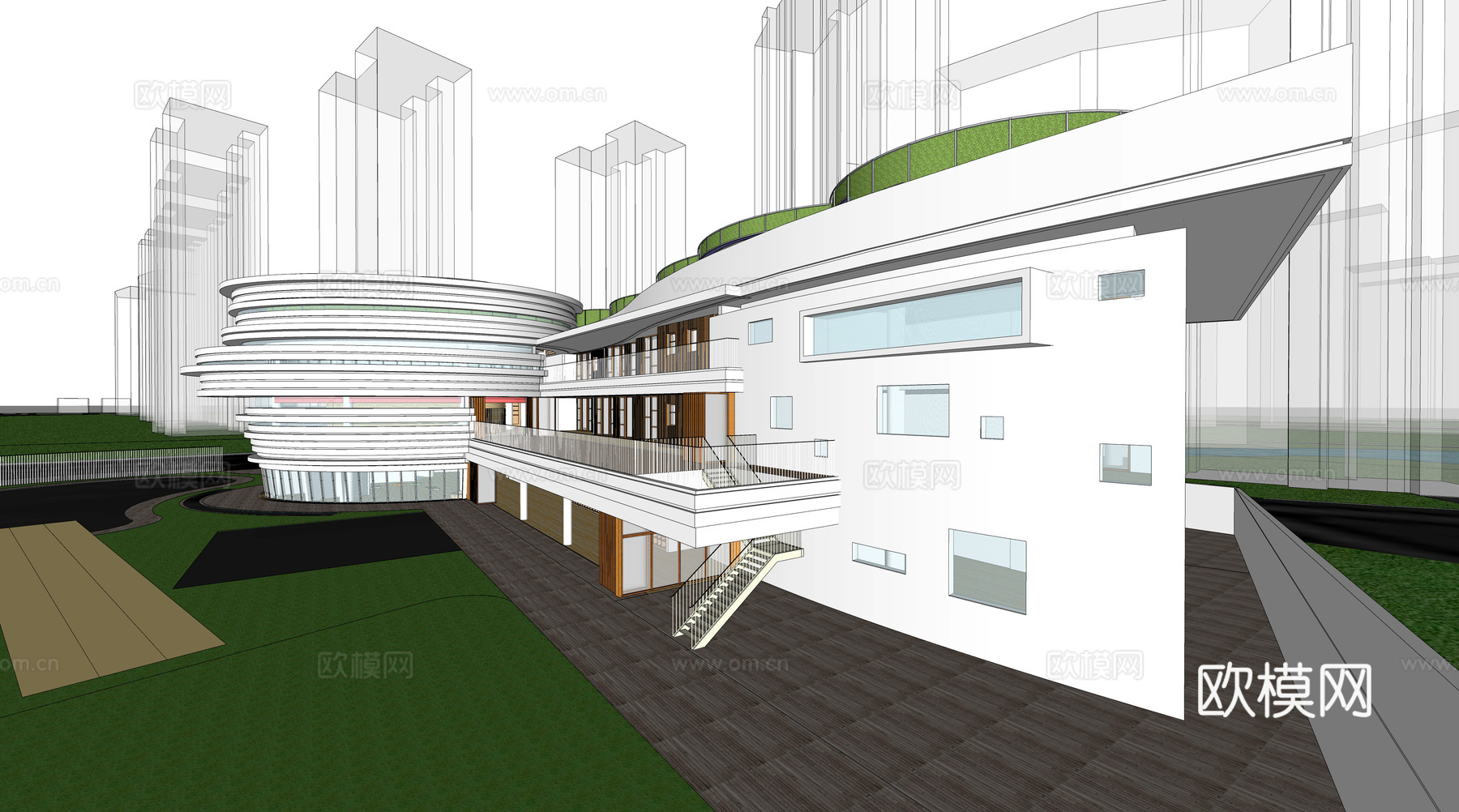 现代学校教学楼建筑外观su模型下载