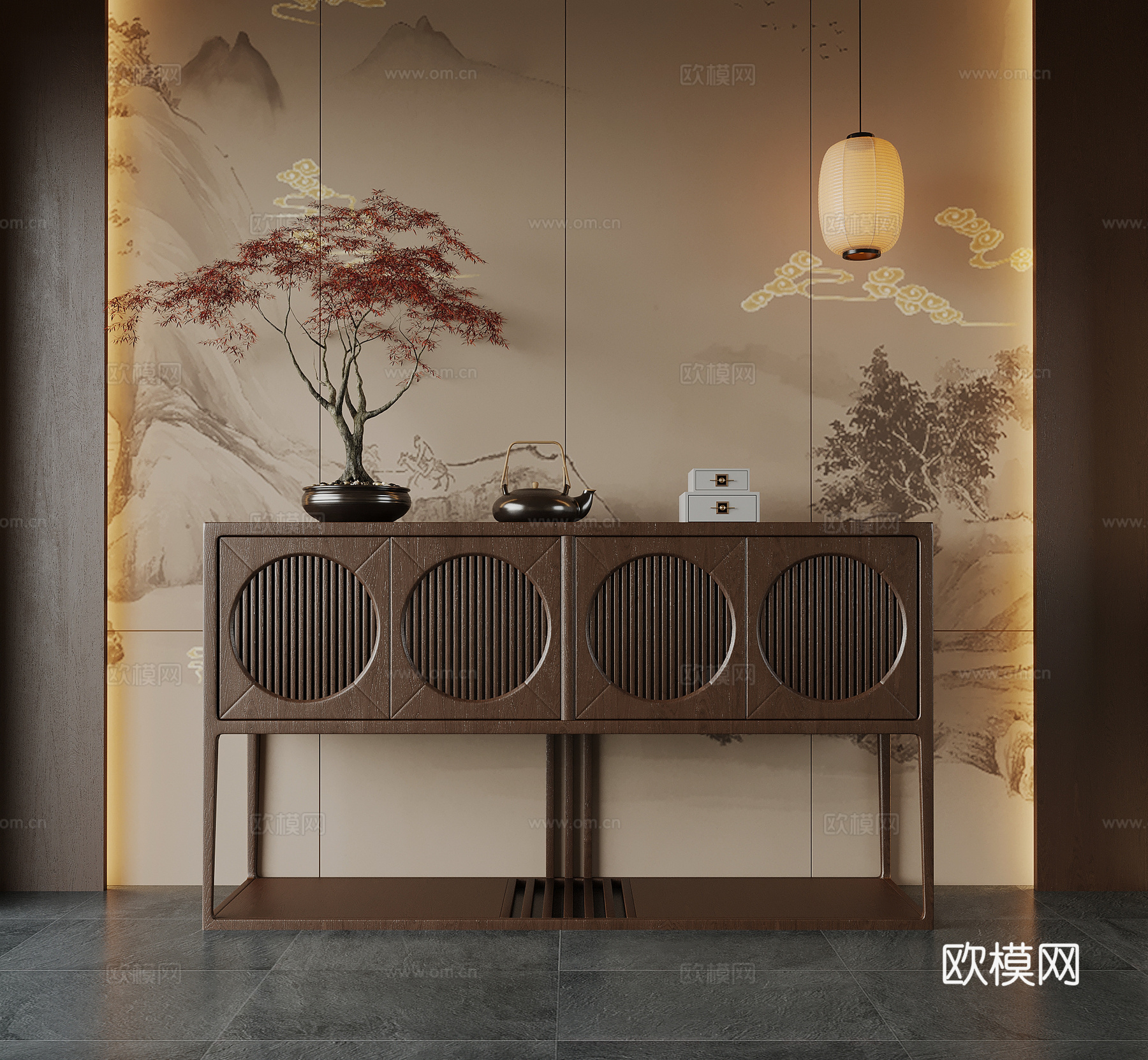 05新中式边柜 装饰柜 玄关柜 落地灯 吊灯 装饰画3d模型