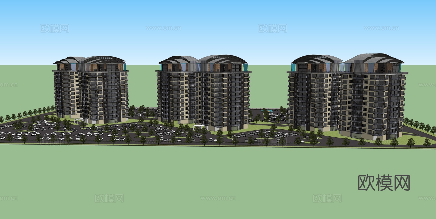 现代高层住宅小区建筑外观su模型下载