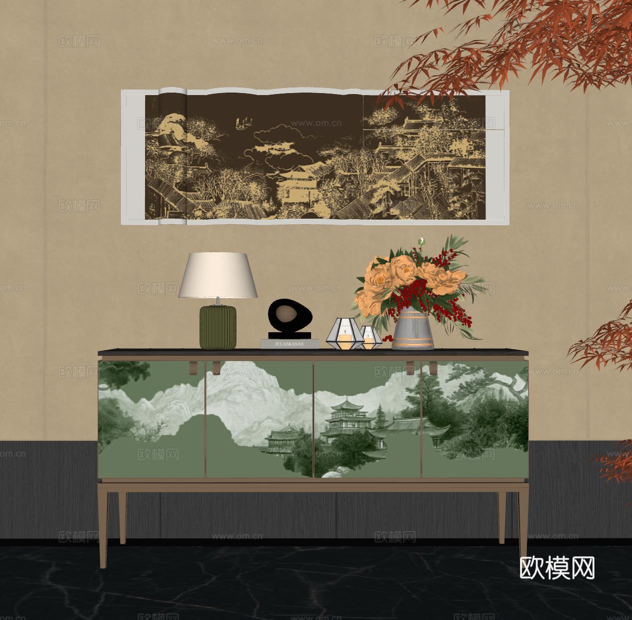 现代端景台 端景柜 花艺盆栽 玄关台 花艺摆台su模型