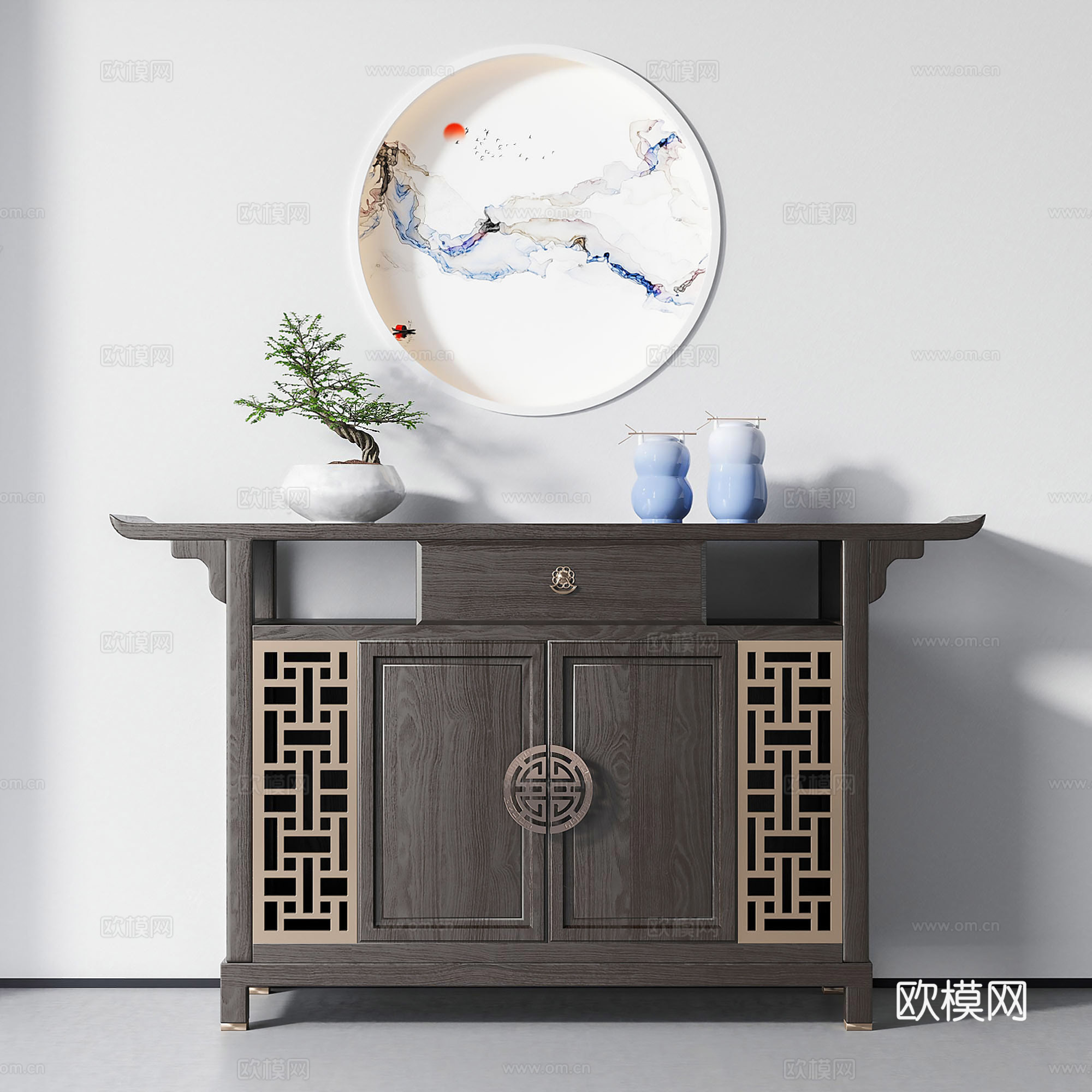 新中式玄关柜端景柜su模型下载