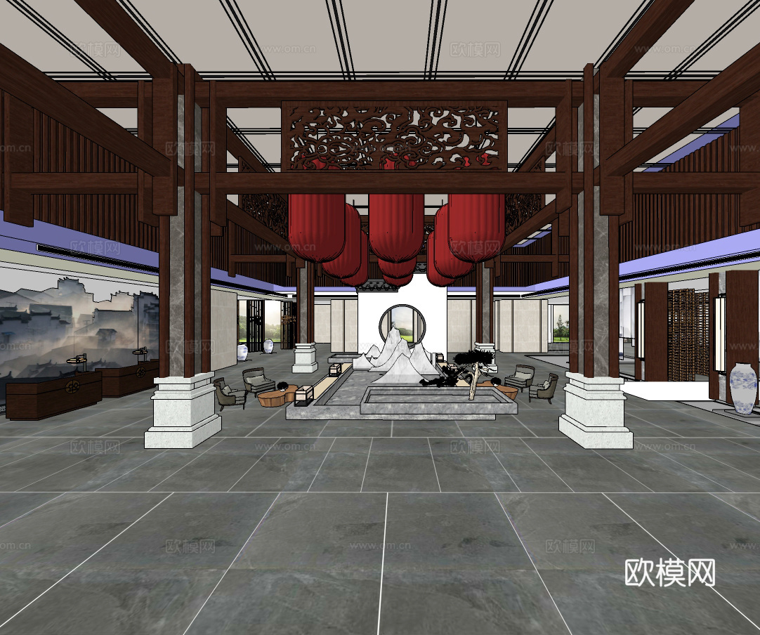新中式酒店大堂su模型下载