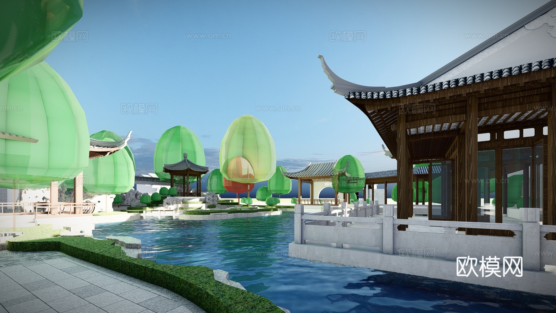 中式古建园林景观su模型下载