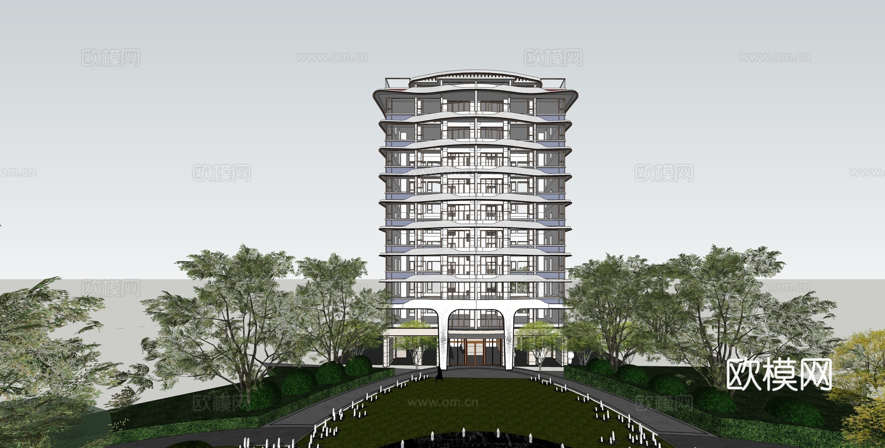 现代高层住宅楼建筑外观su模型下载